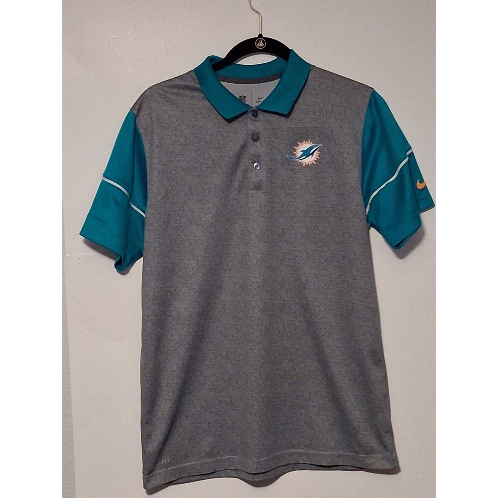 Nike Mens Miami Dolphins Polo Shirt Gray Teal Short Sleeve NFL Dri Fit Jersey M
